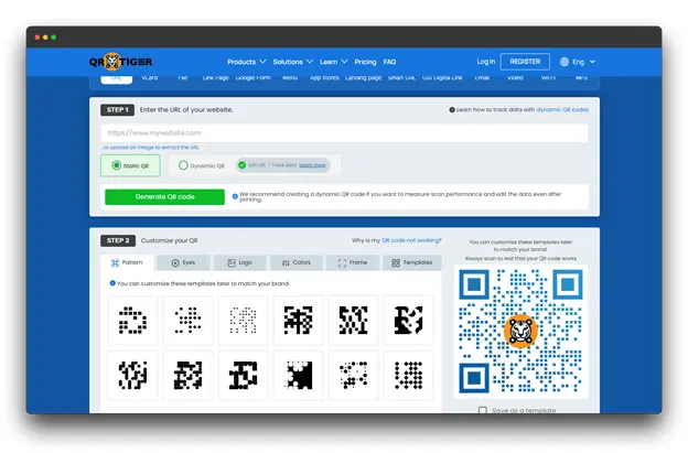A screenshot of the QRTIGER website, a platform for creating QR Codes. The interface shows "STEP 1: Enter the URL of your website" and "STEP 2: Customize your QR" with options for pattern, eyes, logo, colors, and frame, and a customizable QR Code on the right. This demonstrates features of an AI QR Code Generator.