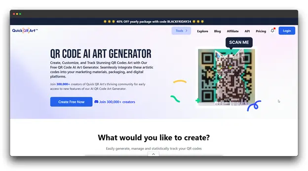 A screenshot of the Quick QR Art website, an "QR CODE AI ART GENERATOR." The page highlights the ability to create, customize, and track stunning QR Codes art and seamlessly integrate artistic codes into marketing. An example QR Code depicting a cat is visible.