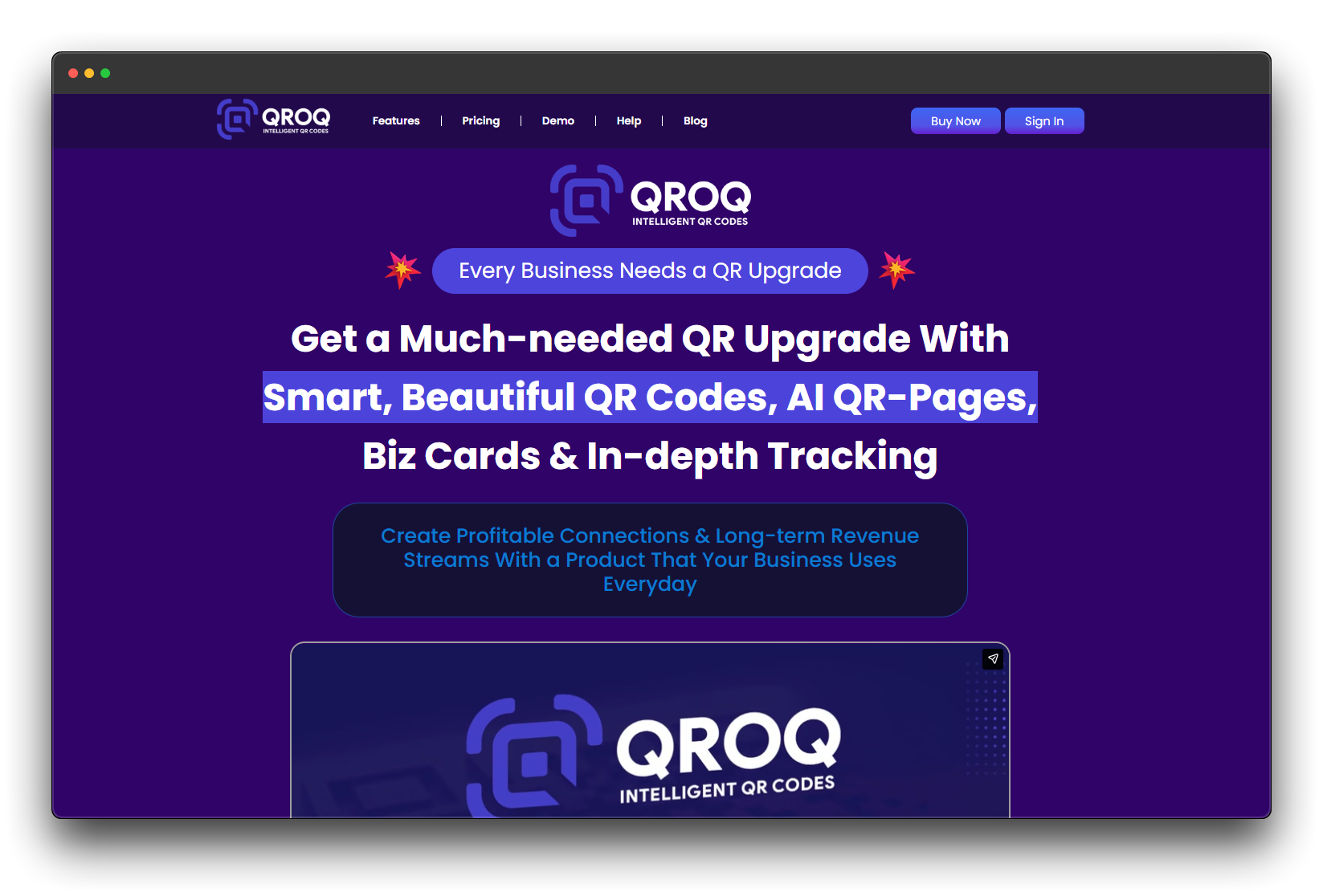 Qroq homepage showing smart branded QR codes, AI QR pages, business cards and in-depth tracking