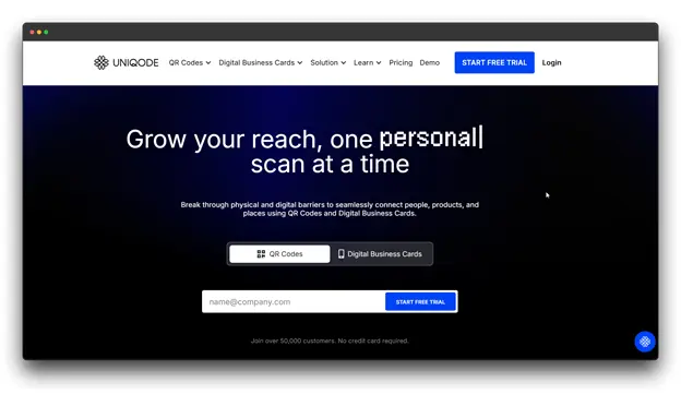 A screenshot of the UNIQODE website, an AI QR Code Generator and digital business card platform. The main text reads "Grow your reach, one personal scan at a time," promoting QR Codes and digital business cards for seamless connections.